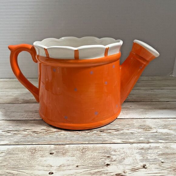 Ceramic Decorative Watering Can Pitcher Vase, Orange, Floral, Spring, Easter - Picture 3 of 10